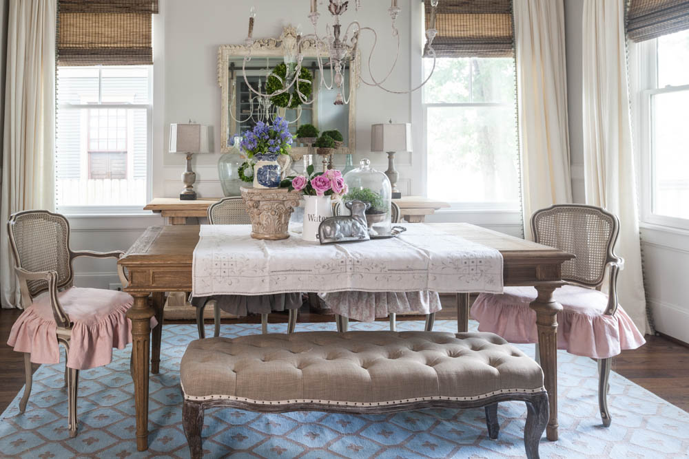 Millennial pink slipcovers dining room