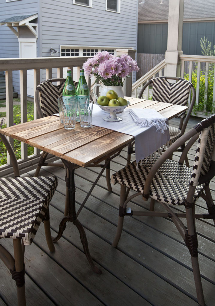 charred wood tabletop on porch