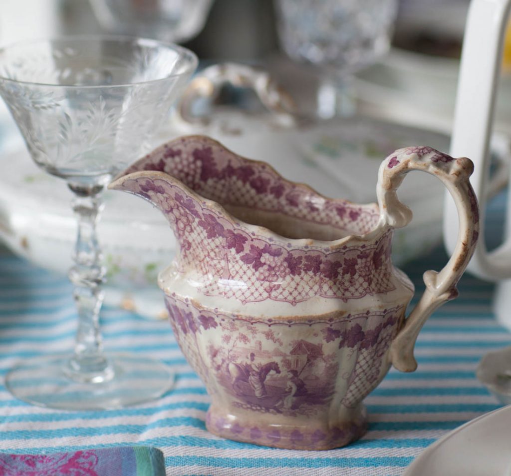 elegant colorful Easter table purple transferware