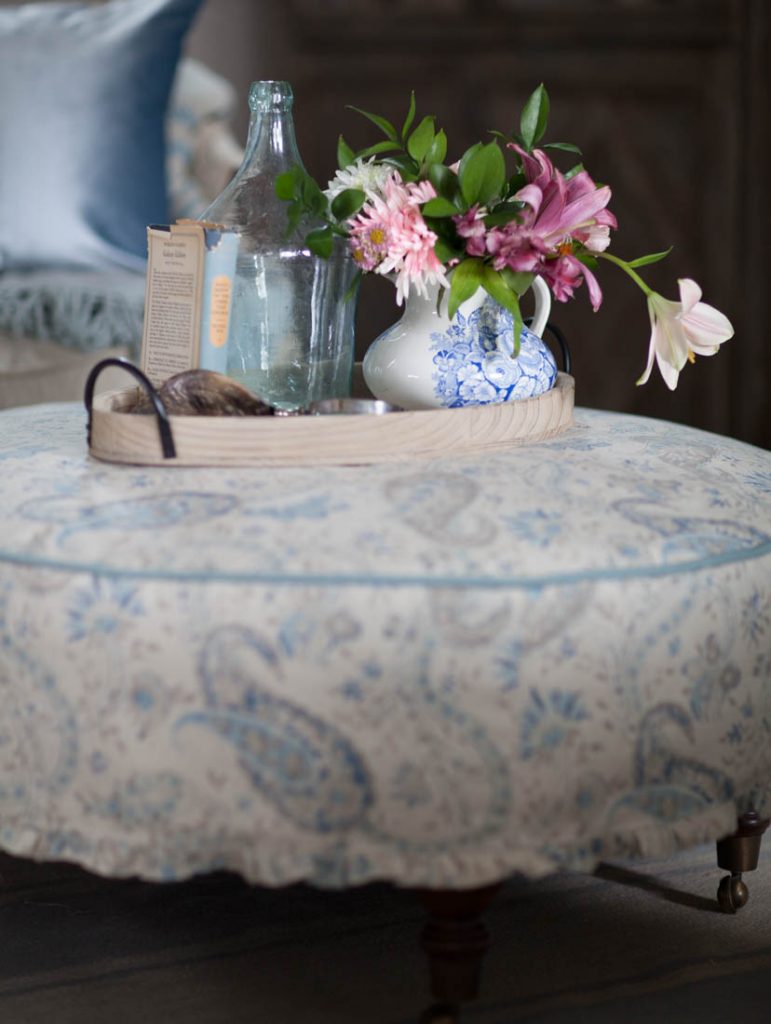 Blue ruffled slipcover country french flowers