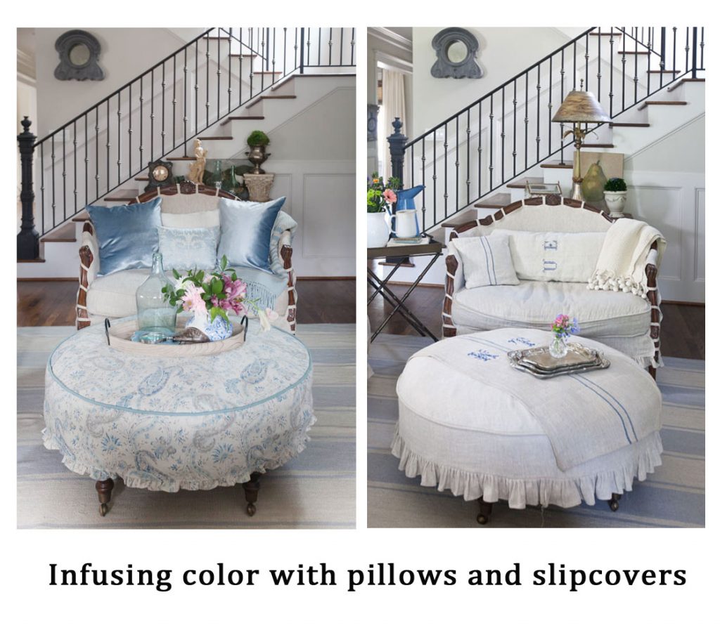 Blue ruffled slipcover before and after