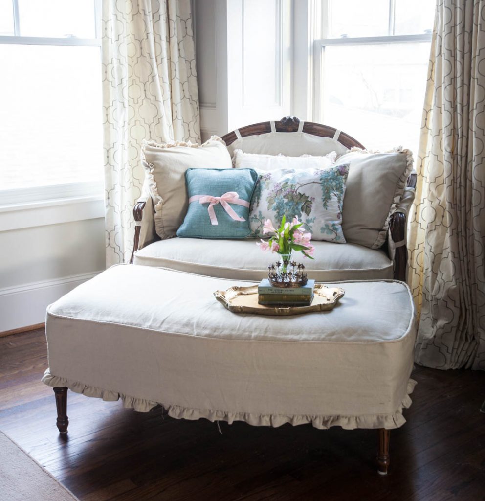 linen ruffled duvet cover and linen covered chair