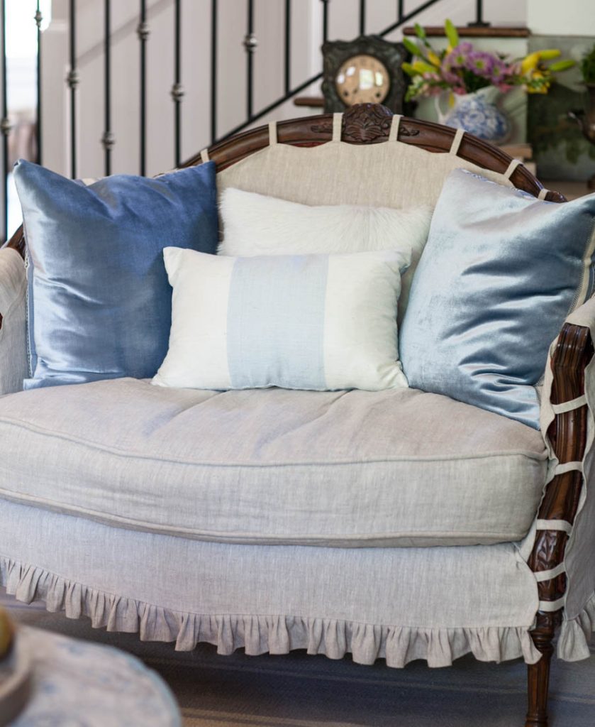 Silk Blue Striped Pillow and velvet pillows