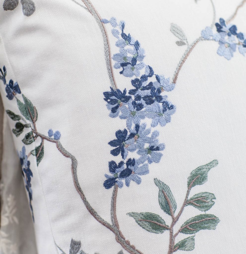 blue floral embroidery pillow details