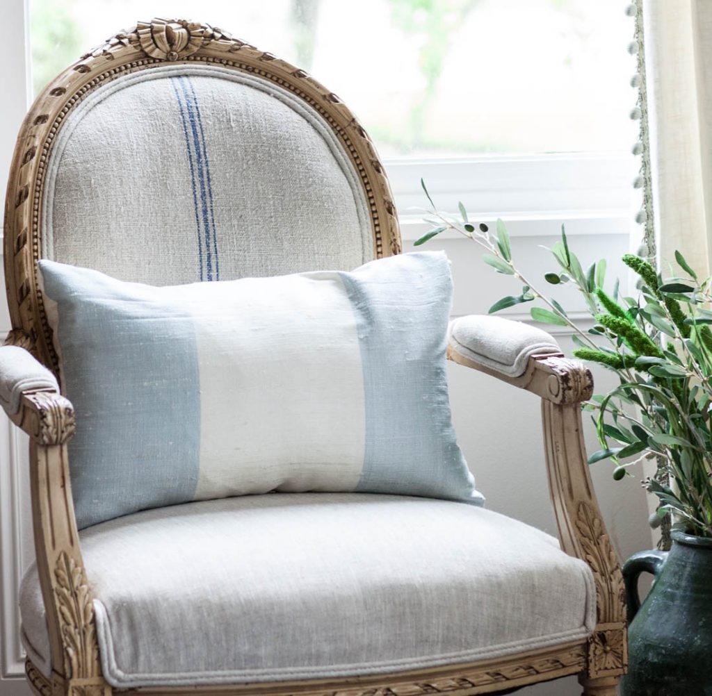 Silk Blue Striped Pillow on French chair