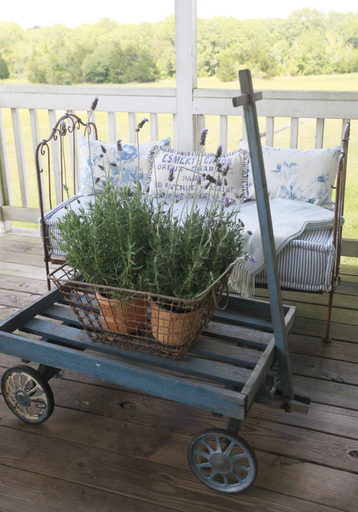 blue porch pillows and lavender