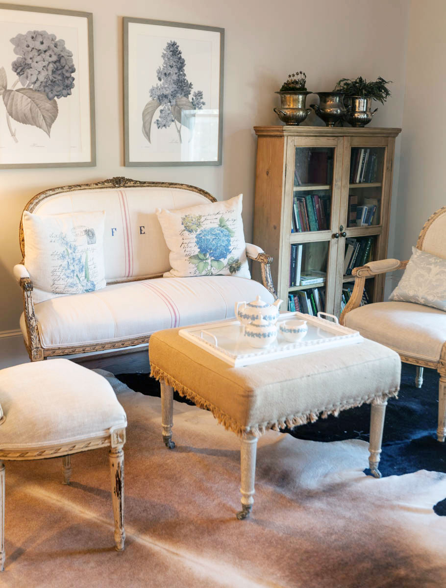 Small Antique Footstool with French Fabric